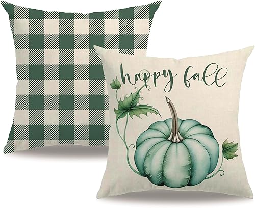 Fundas de almohada decorativas de otoño, diseño de calabaza y búfalo de otoño a cuadros de 18 x 18 pulgadas, paquete de 2 fundas de almohada de