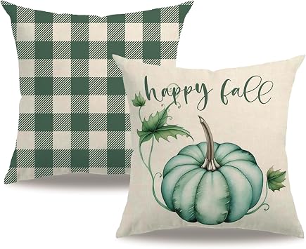 Fall Decorative Throw Pillow Covers,Autumn Pumpkin and Buffalo Check Plaid Design 18x18 Inch Cushion Cases 2Pack Happy Fall Harvest Farmhouse Home Pillowcases for Autumn ThanksgivingBlue/Green