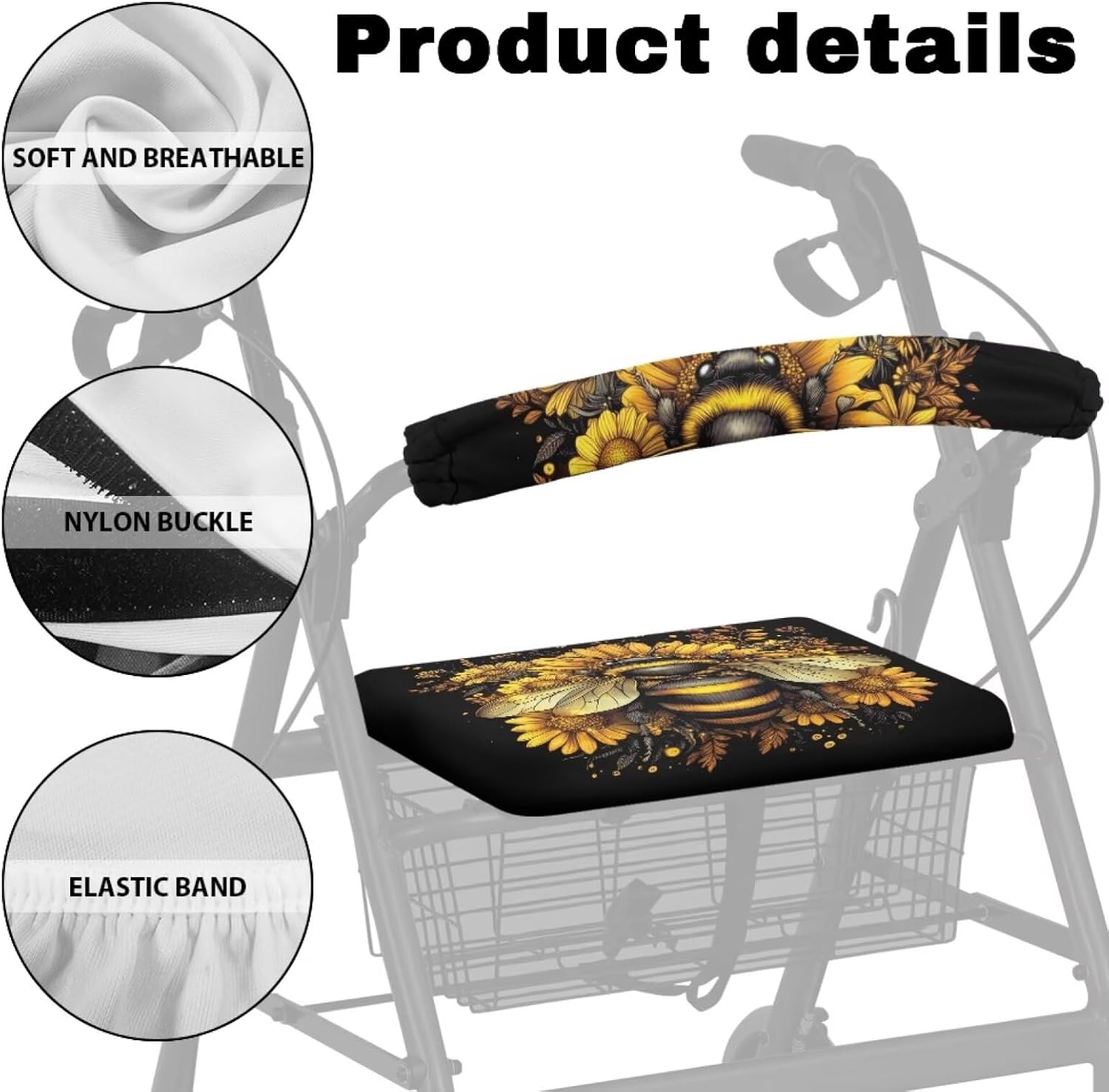 Rollator Walker Accessories - Sunflower Bee Seat and Backrest Rollbar Covers Easy to Install Washable Walker Protection Decor Cover for Seniors Gift image 5