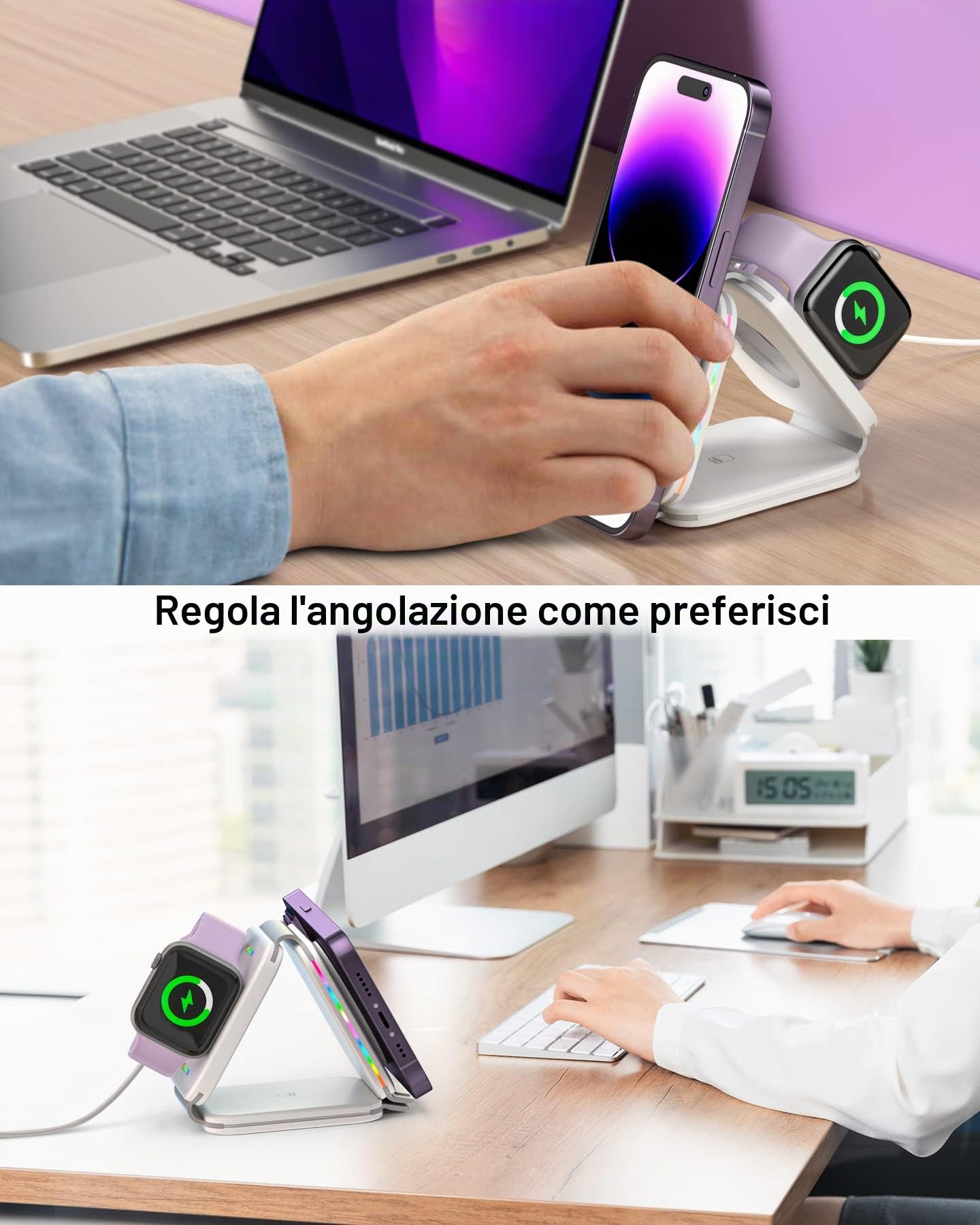 Stazione di ricarica magnetica senza fili 3 in 1, caricatore Mag-Safe, pieghevole portatile pad di ricarica wireless per iPhone 15/14/13/12/11/XR/XS/8,Samsung S22/21/20 iWatch AirPods (Bianco)
