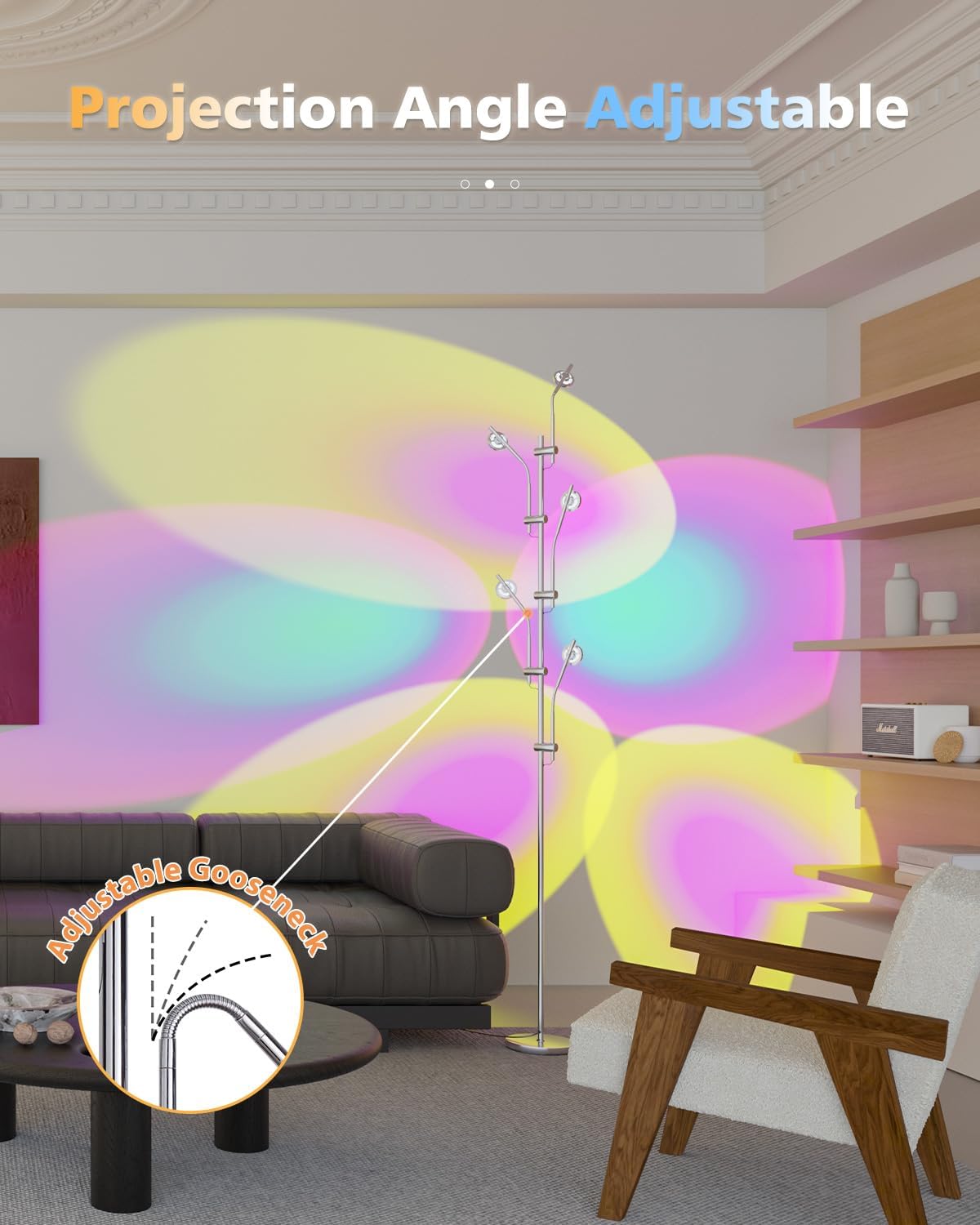 Halo Projector Floor Lamp - 4000K LED Multi Head Floor Lamp with RGB Filters - Sunset Projection Ambient Lighting - Mood Corner Lamp for Bedroom,Living Room - Chrome