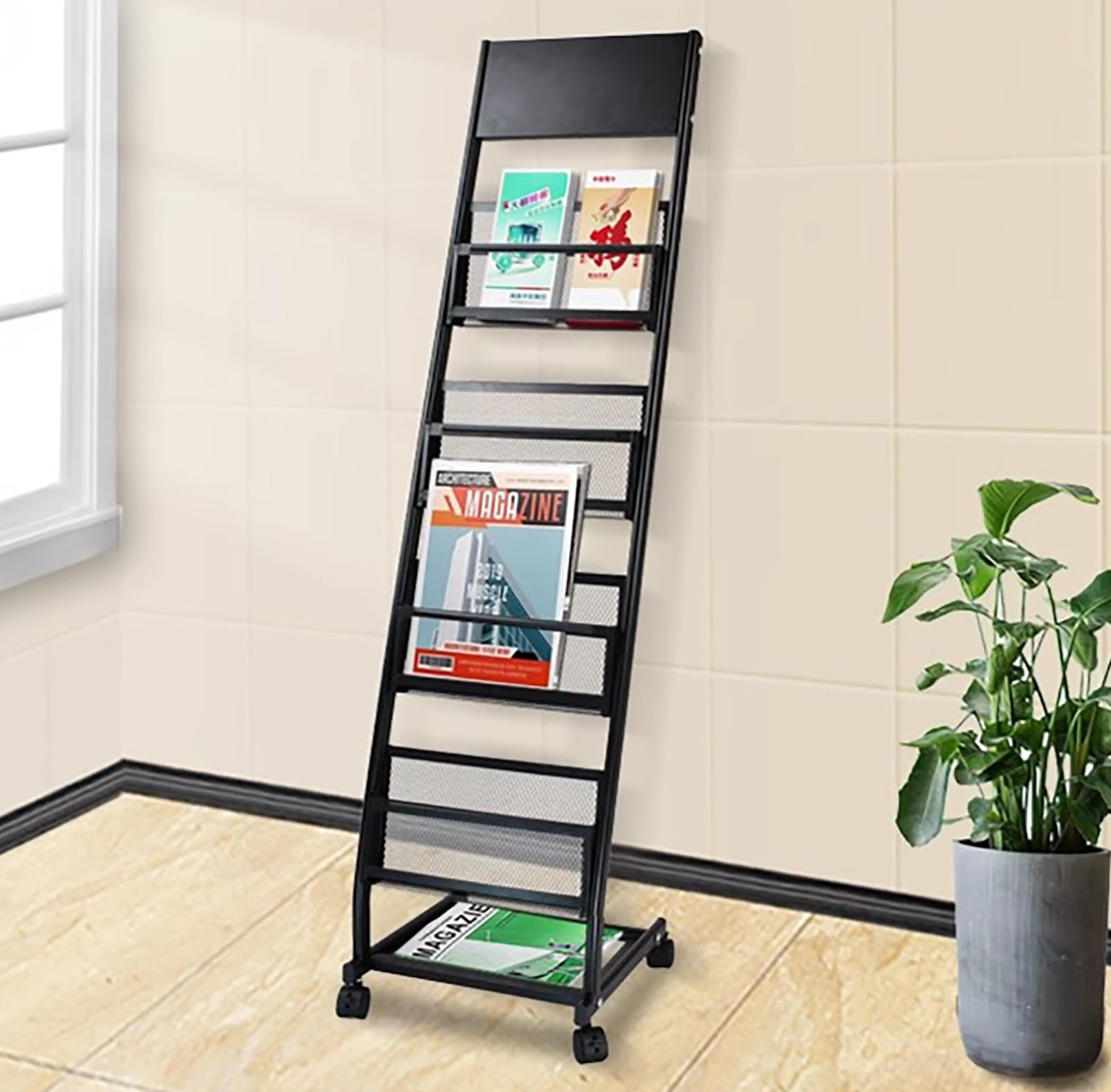 Revistero de Malla metálica de 5 Capas para exhibir folletos, revistero de pie con Ruedas, Soporte Vertical para Archivos para decoración y organización, Organizador Multiusos
