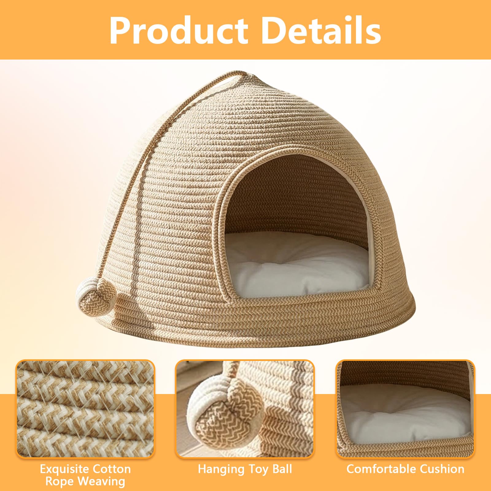Cuccia per gatti da interni, cuccia per gatti chiusa in corda di cotone intrecciata con cuscino morbido lavabile e palla da gioco, letto pieghevole per gattini, 53 x 53 x 30 cm