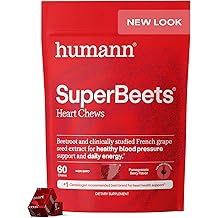 Humann SuperBeets Heart Chews, Nitric Oxide and Blood Pressure Support, Grape Seed Extract & Non-GMO Beet Root Powder Energy Supplement, Pomegranate Berry Flavor, 60 Count