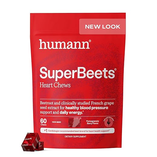 HumanN SuperBeets Heart Chews - Nitric Oxide Production and Blood Pressure Support - Grape Seed Extract & Non-GMO Beet Energy Chews - Pomegranate Berry Flavor, 60 Count