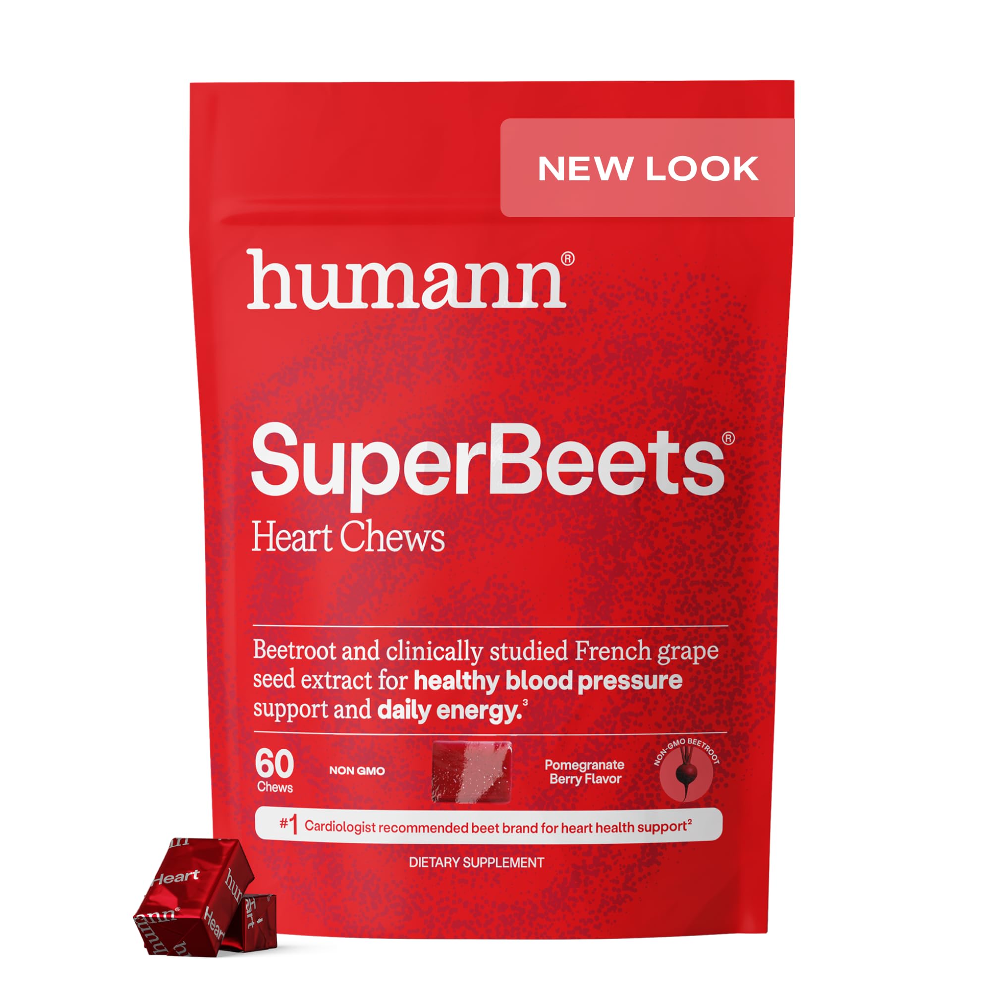 Humann SuperBeets Heart Chews, Nitric Oxide and Blood Pressure Support, Grape Seed Extract & Non-GMO Beet Root Powder Energy Supplement, Pomegranate Berry Flavor, 60 Count