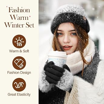Winter Beanie Hat Scarf Gloves Set for Women Touchscreen Knit Thick 3 in 1