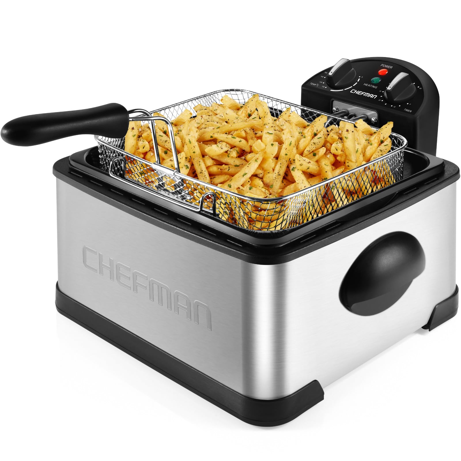 Chefman 4,3 Liter Fritteuse mit Sieb, XL Jumbo Größe, Einstellbare Temperatur & Timer, Perfekt für Frittierte Hähnchen, Garnelen, Chips & Mehr, Abnehmbarer Öl-Behälter, Edelstahl