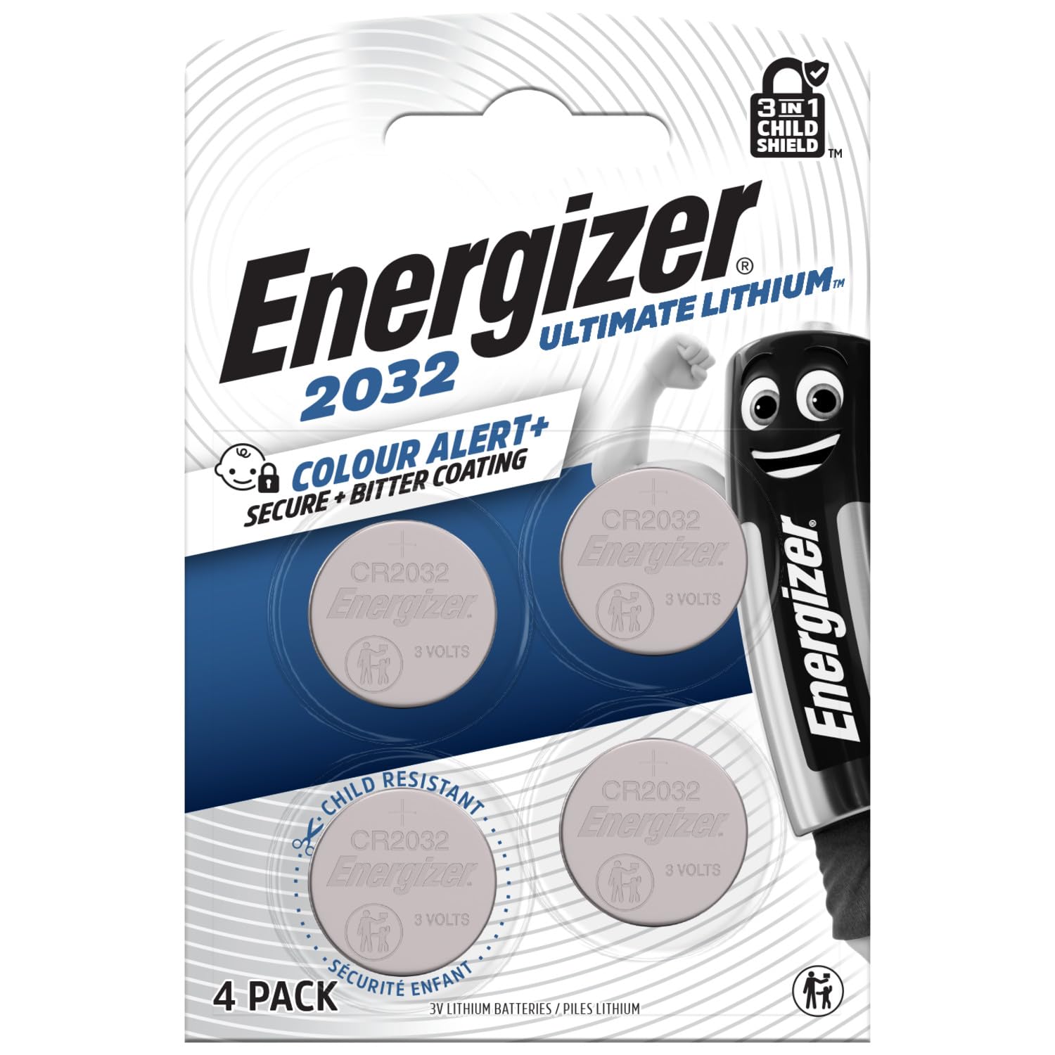 Energizer Ultimate Lithium - Batteria Litio CR2032 (Confezione da 4) 3V Batterie a Bottone - La Prima Pila 3 in 1 Child Shield Al Mondo - La Technologia Alert