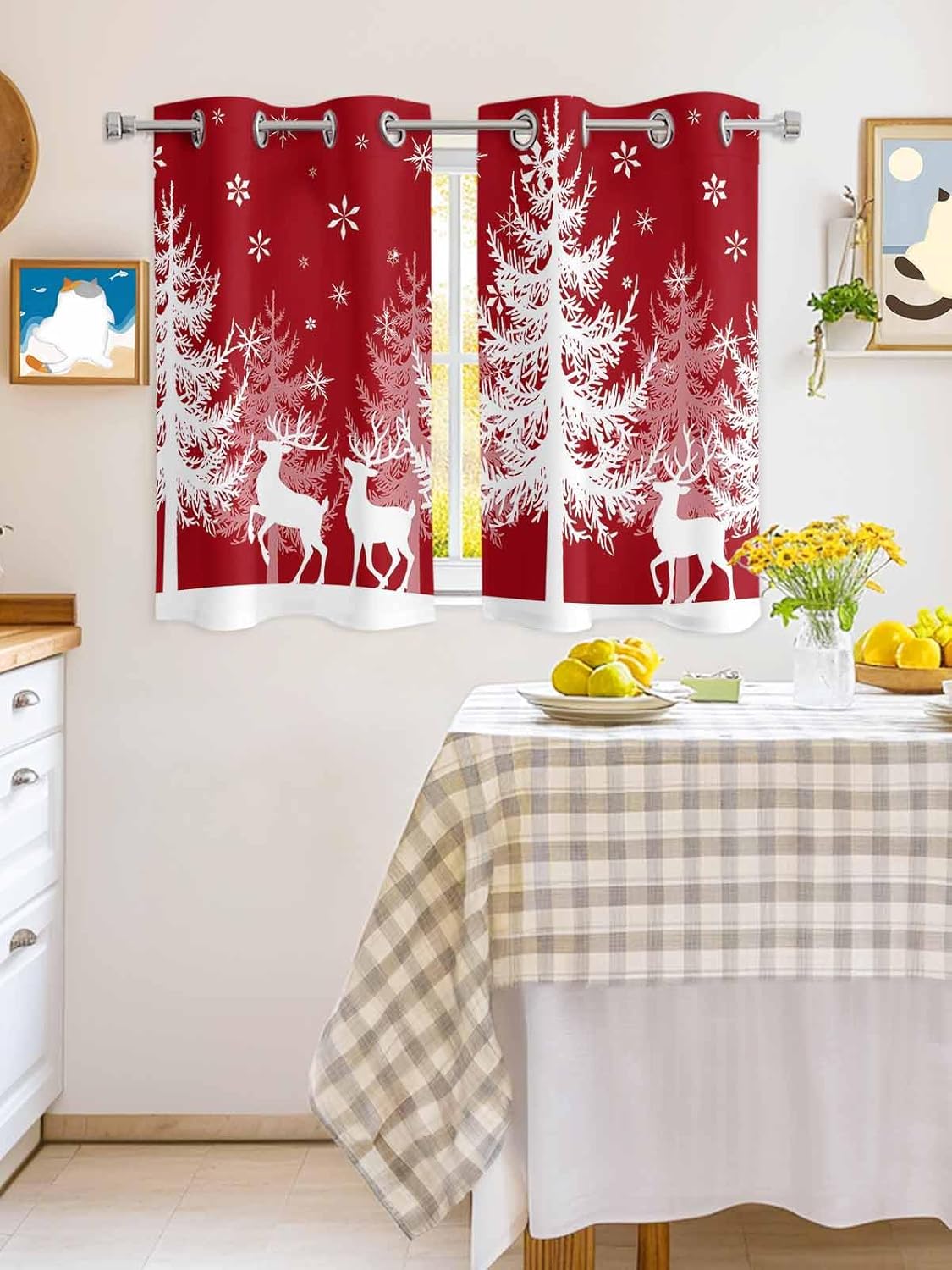 Grommet Top Window Curtains, Christmas Winter Snowflake Tree Elk Red Durable Light Blocking Windows Drapes for Kitchen/Bedroom/Living Room, Window Treatments Curtain Set of 2 Panels 27.5x39 In