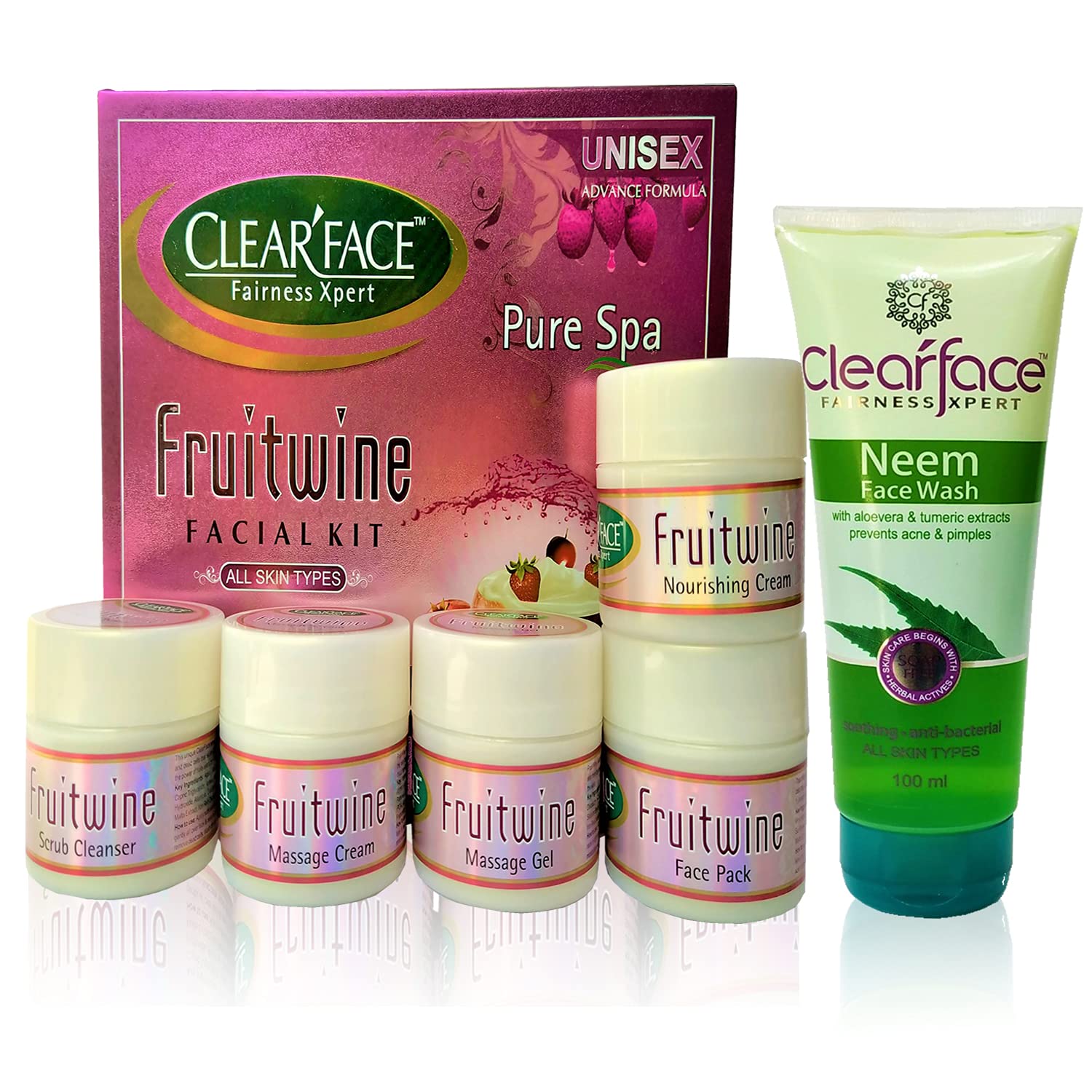 ClearFace Herbal Neem Face wash(100ml) With Wine Facial Kit(260g) / Complete care/Anti-acne &Pimple Combo/Skincare Combo