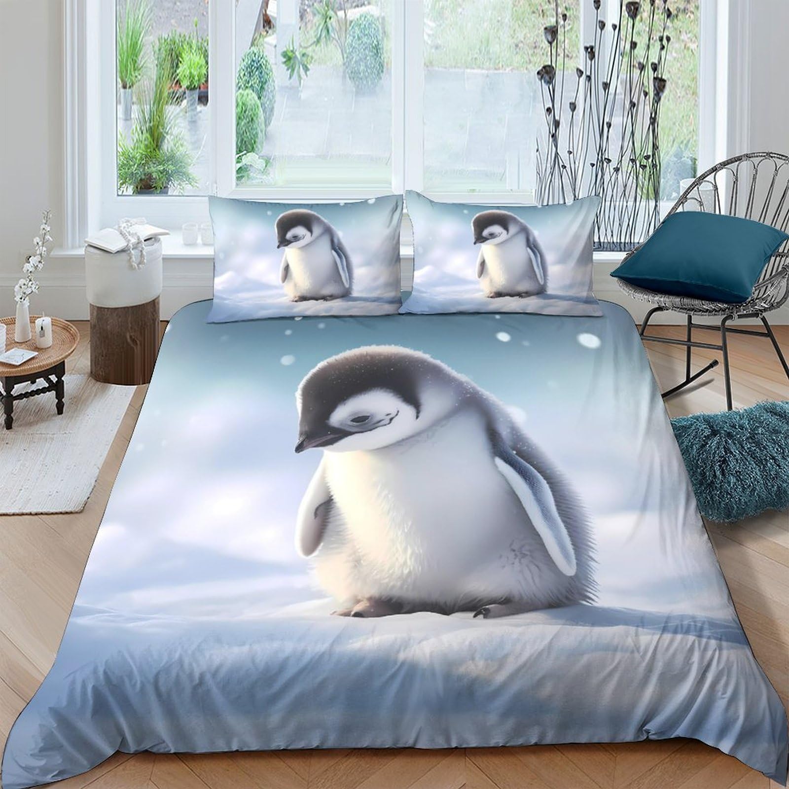 Ctjqhvkz Style-8 3D Printed Cute Penguin Fitted Sheet Microfiber Soft Bedroom Decor Winter Landscape Mattress Cover For Home Dorm Single（135X200cm）