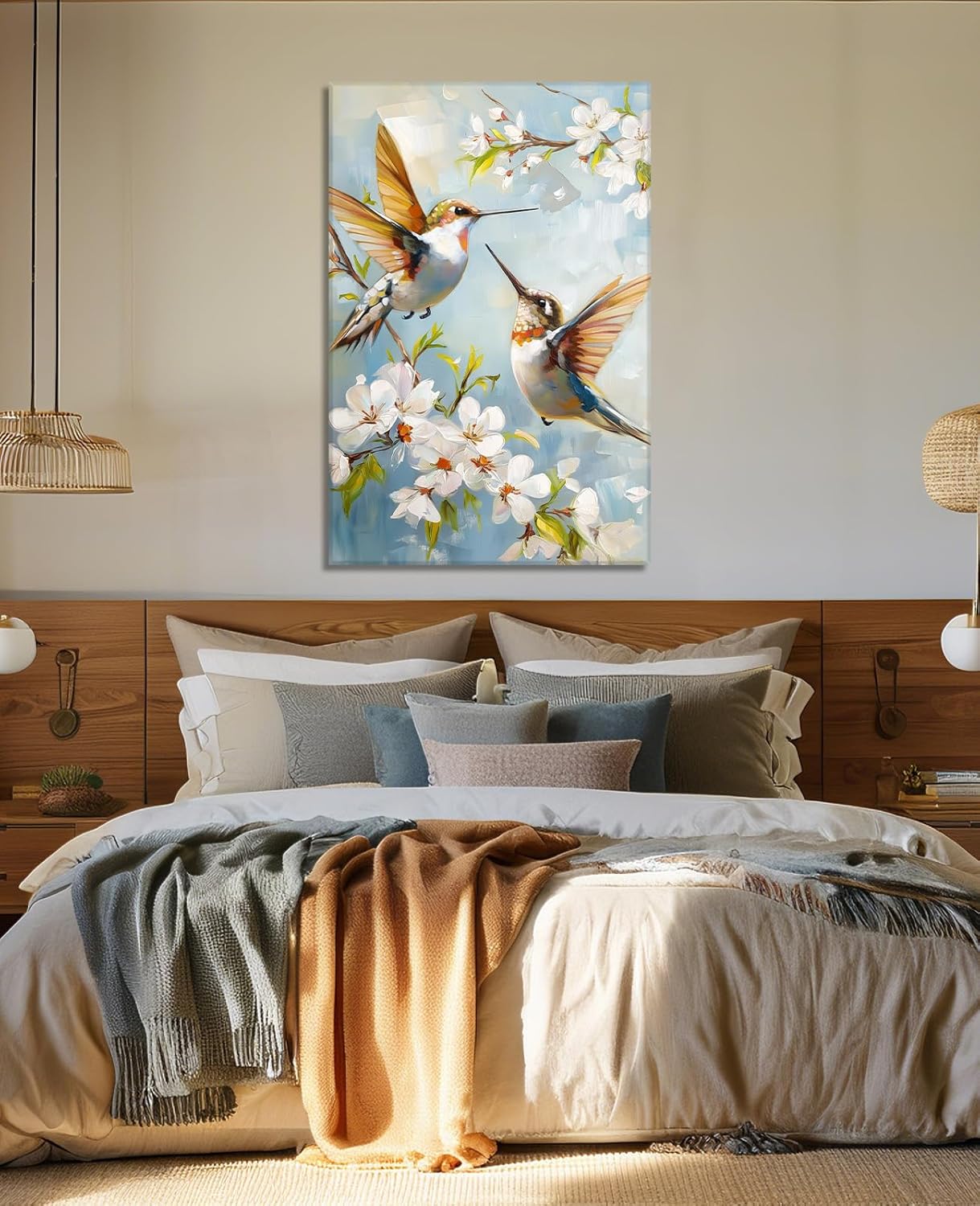 Bird Canvas Wall Art Love Birds Painting Prints White Flowers Tree Branches with Sparrow Picture for Bathroom Living Room Wall Decor Framed - 12.00x18.00 inch