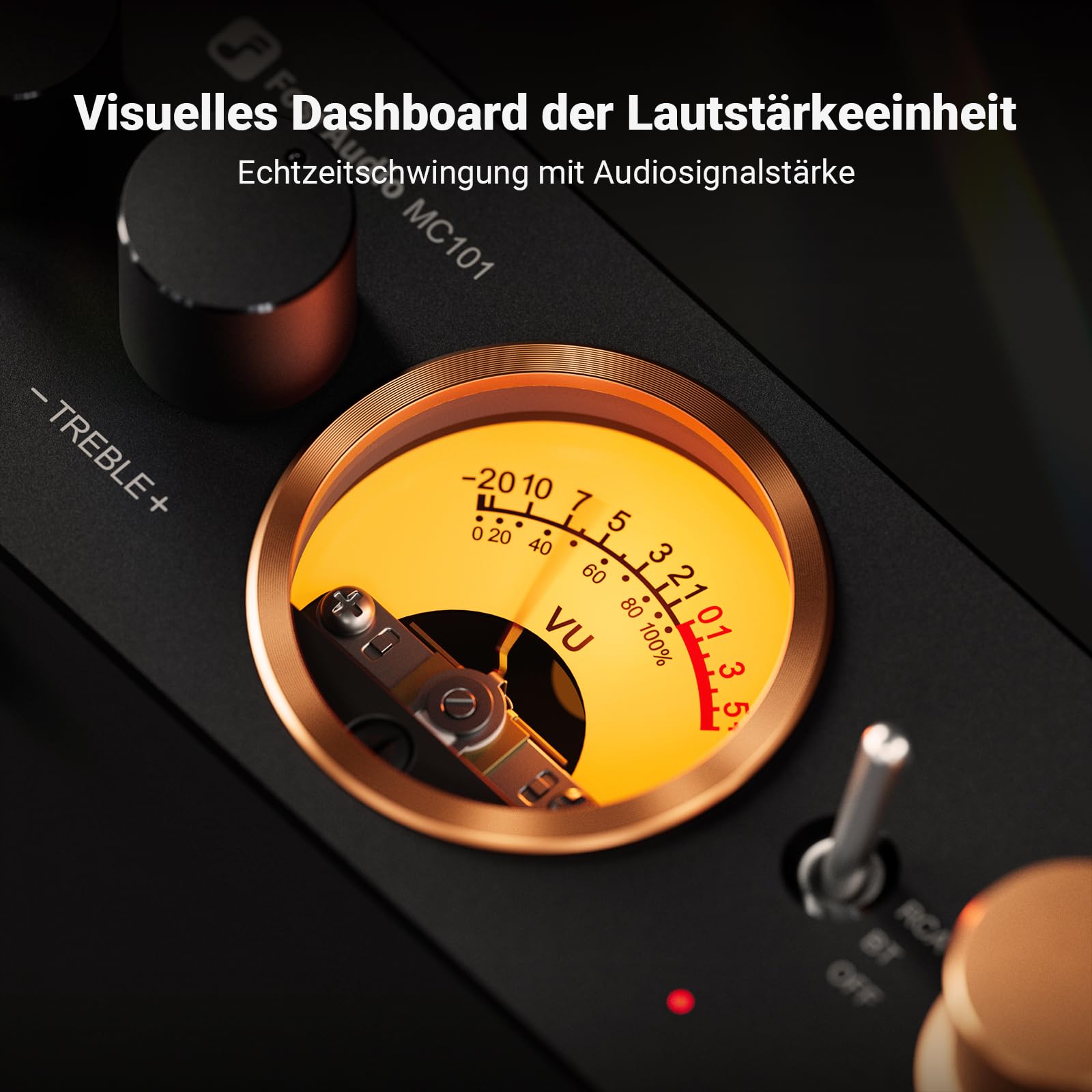 Fosi Audio MC101 Bluetooth 5.3 Hi-Fi Verstärker mit VU Meter, 100W x 2 Stereo Verstärker 2 Kanal mit TPA3116 Amp Chip, Bass und Treble Control, Class D Verstärker für Heimlautsprecher