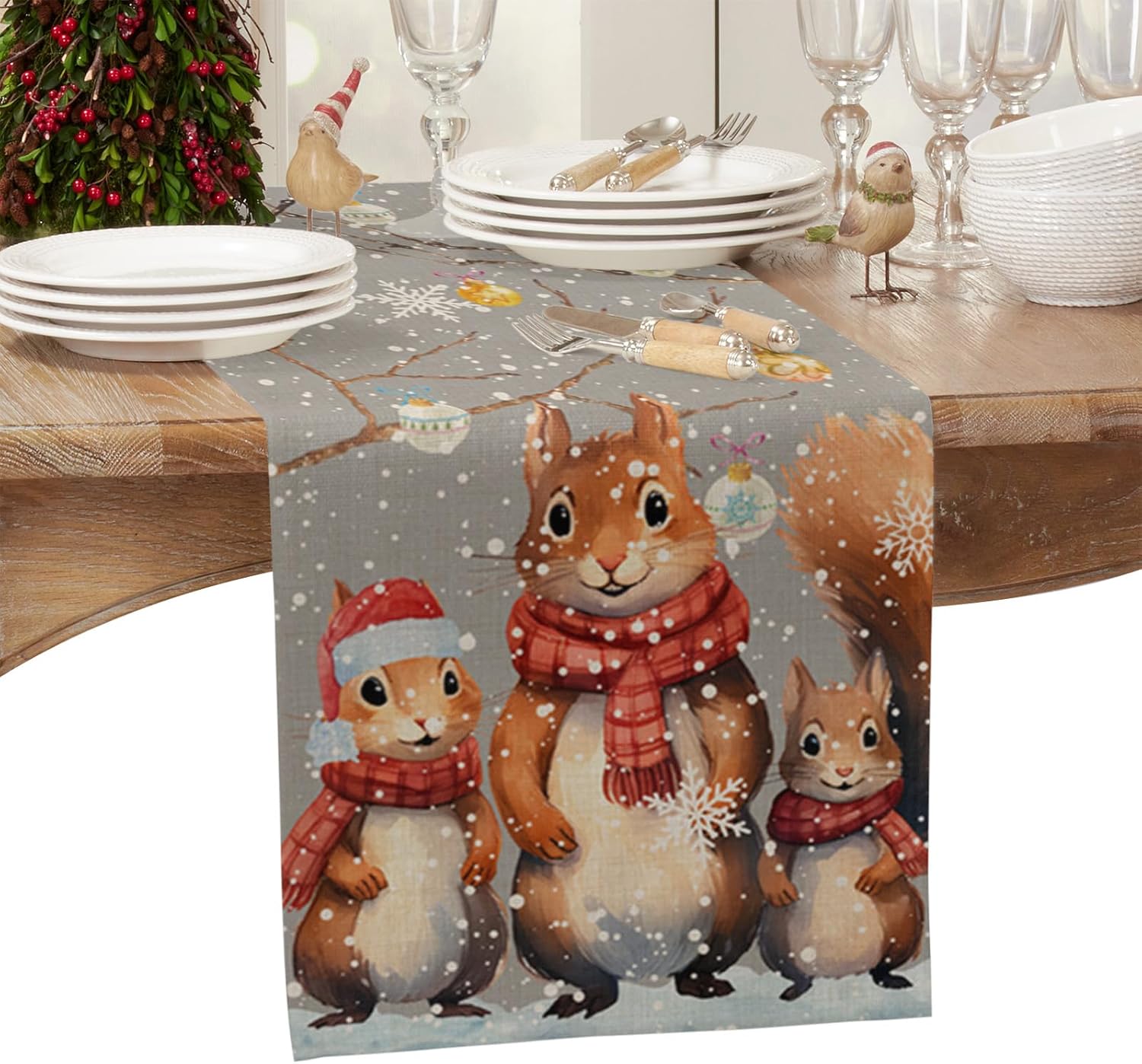Xmas Table Runner 108 Inches Long, Cotton Linen Kitchen Dinner Table Runners, Burlap Tablerunner for Dresser/Dining/Party/Wedding, Forest Squirrel Christmas Snowflake Grey