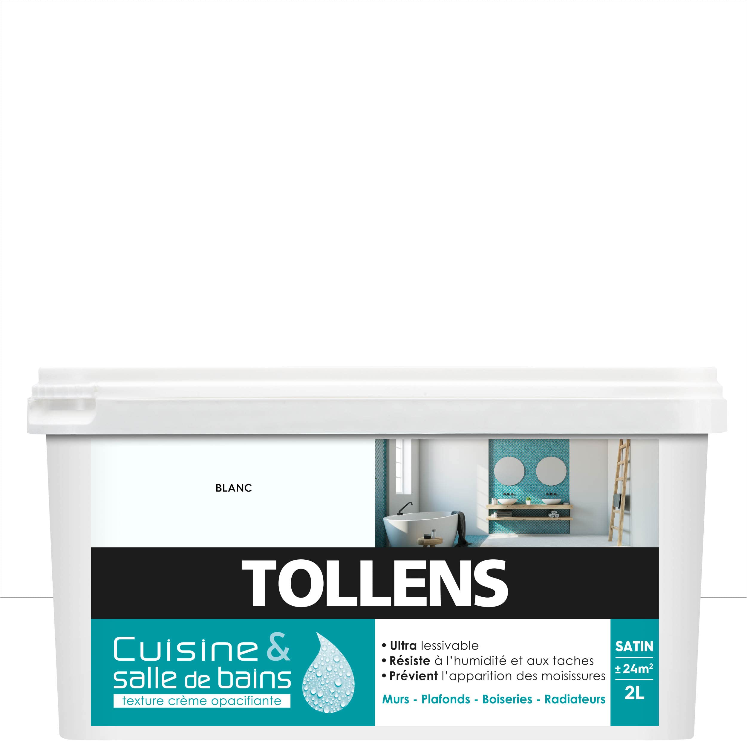 Tollens Peinture Cuisine Et Salle De Bain - Ultra Résistante Pour Murs, Boiseries, Radiateurs - Blanc - 2L = 24m2