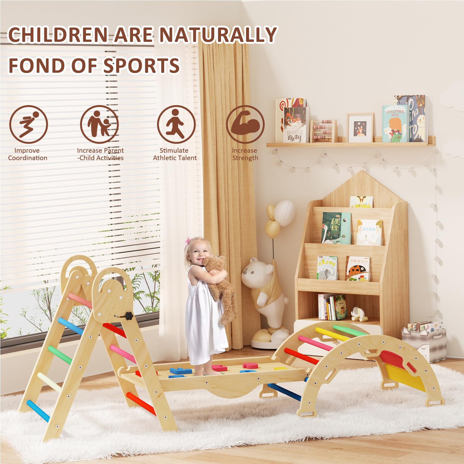 ElegantCrafts Pikler Triangle Set with Cushion, Montessori Climbing Set, Indoor Climbing Toys, Indoor Playground Jungle Gyms, 9 Combinations Climbing Toy Set for Toddler, Baby, Kids 1-4