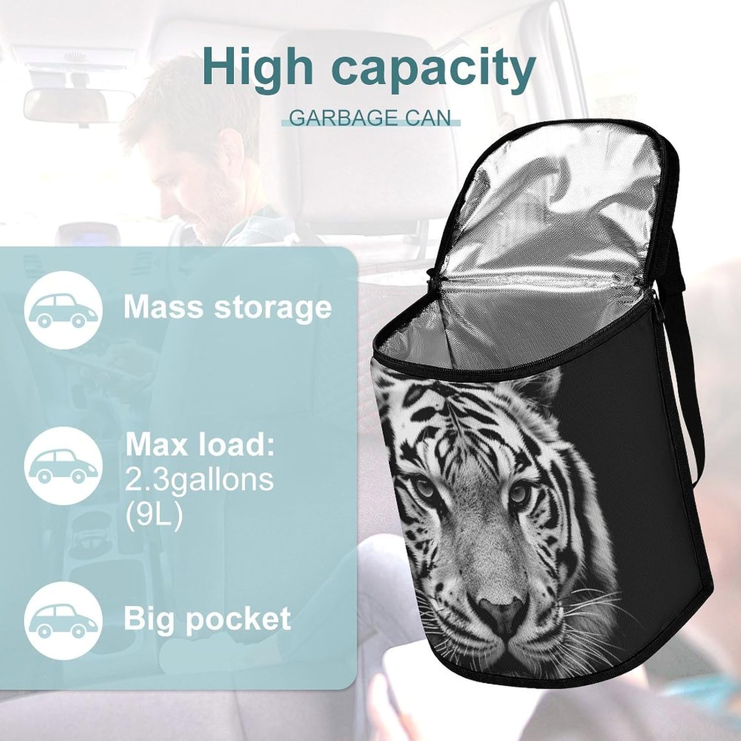 Hanging Car Trash Bag Black And White Tiger Printed Car Garbage Storage Bag Leakproof Car Trash Can Portable Garbage Storage Bags
