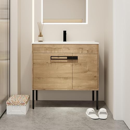Miniatura 1 de SSLine Mueble de baño 2 en 1 montado en la pared y de pie independiente con lavabo moderno de 36 pulgadas con lavabo superior y armario de