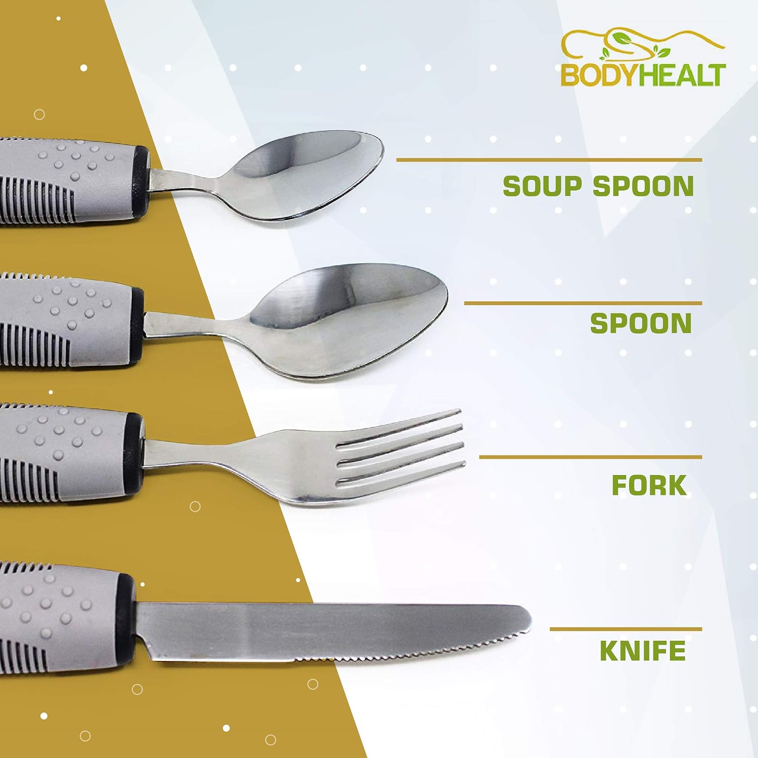 BodyHealt Easy Grip Adaptive Utensils - Weighted Flatware for Elderly & Handicap. Cutlery set with Non-Slip Ribbed Handles for Arthritis, Tremors, Parkinsons Aids & Stroke Recovery. 1 count (Set of 4)