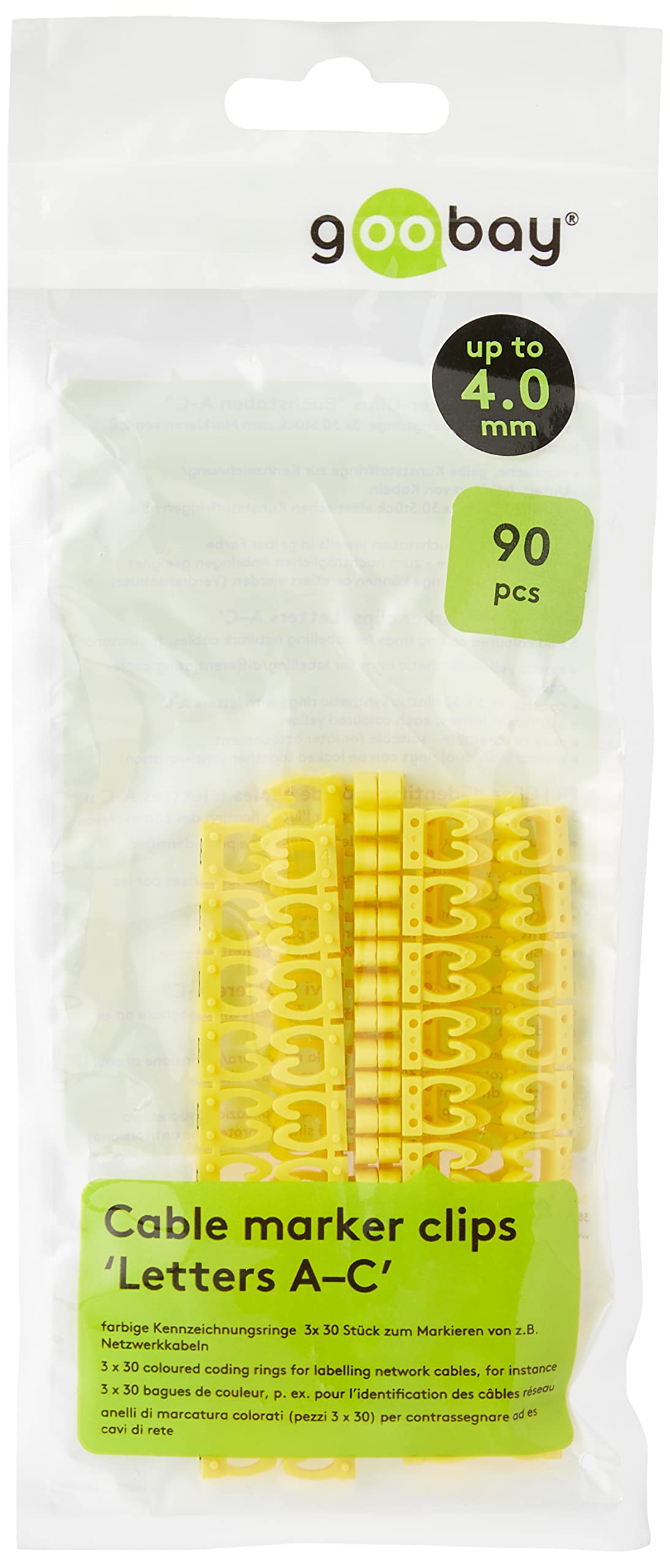 Goobay 72517 Kabelmarkierer Clips A–C, 90 Stück (3x30), Gelb, für 3,8–5,9 mm KabelØ