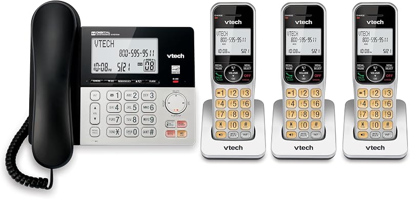VG208-3 Sistema telefónico inalámbrico/con cable DECT 6.0 de 3 auriculares | Contestador automático, bloqueo de llamadas, identificador de llamadas, pantalla grande retroiluminada, plateado/negro