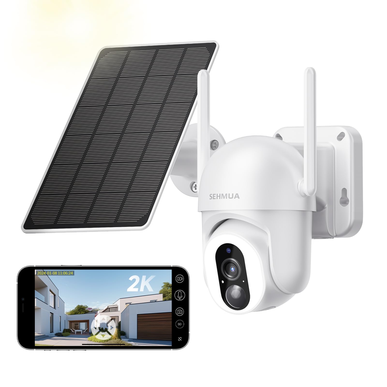 SEHMUA 2K Cámara Vigilancia WiFi Exterior Solar con Batería | 360° Cámara de Vigilancia Exterior Sin Cables, Visión Nocturna en Color, Audio Bidireccional, Detección PIR, 1Piezas