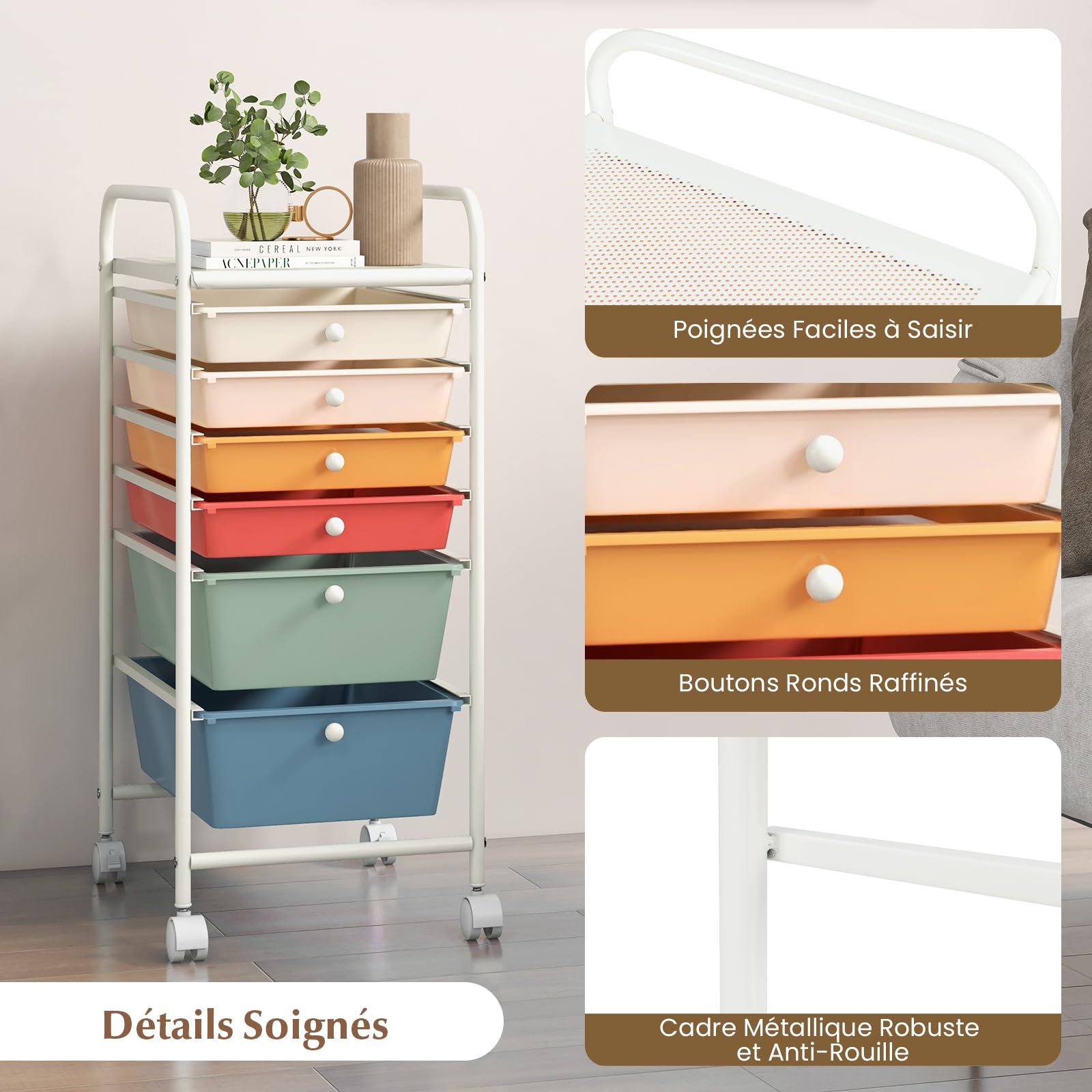 GOPLUS Chariot de Rangement à Roulettes Verrouillable 6 Tiroirs Amovibles, Desserte à Roulettes Mobile avec Plateau et Poignée Latéral, Silencieux, Cadre en Métal, 37x32,5x74,5CM, pour Chambre, Bureau
