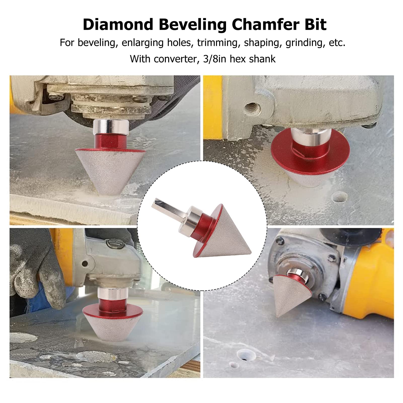 Diamond Chamfer Bit:with Converter and 60 Degree Angle Cone Chamfer Milling Bit, 5/8 to 11 Thread,Ideal for Marble and Glass(48MM) (5/8 to 11in)