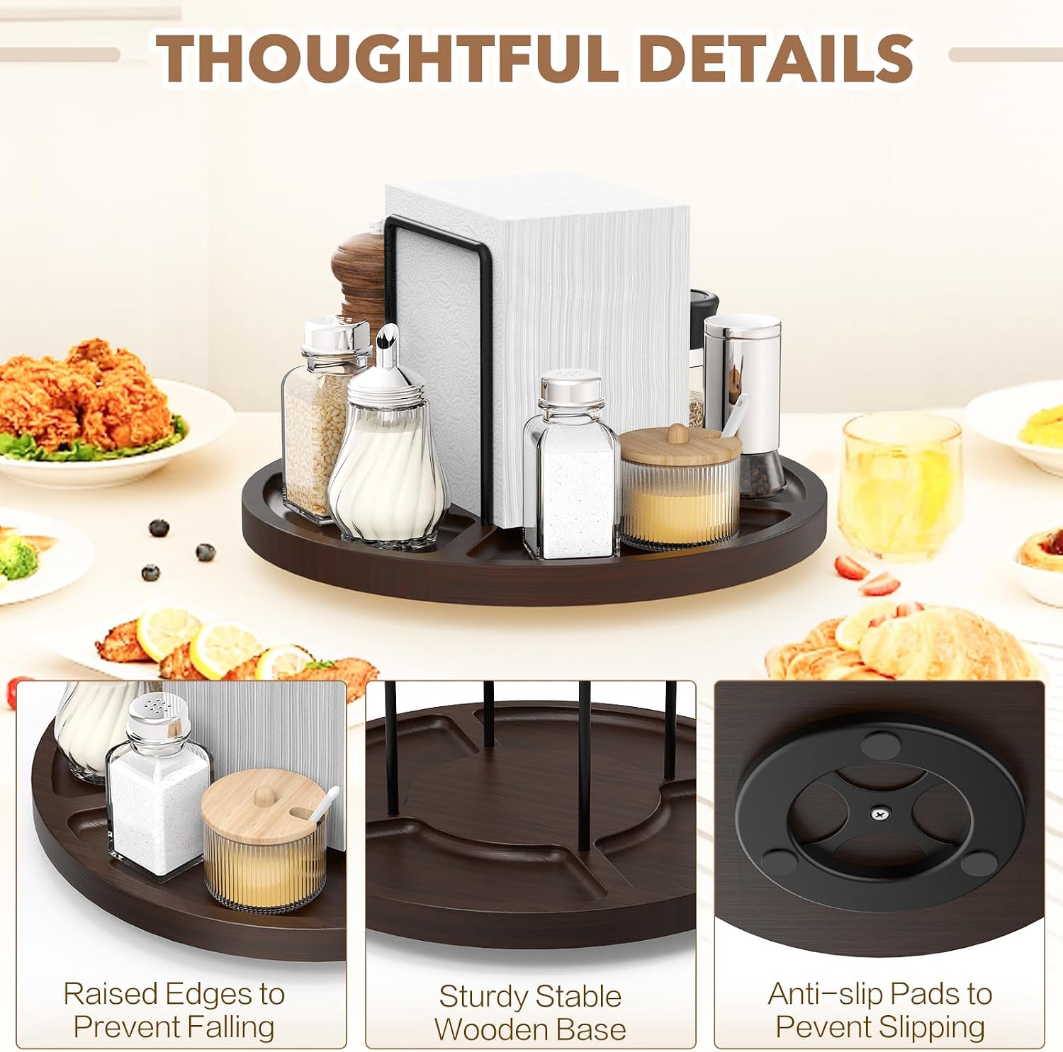 Rotating Napkin Holder for Table with Salt Storage, Brown Round