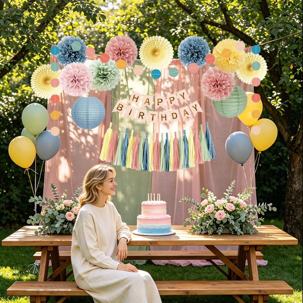 Retro Boho Regenbogen Geburtstag Dekorationen Pastell Geburtstag mit Happy Birthday Banner Salbeigrün Dusty Pink Blau Gelb Creme Papier Pom Poms Papier Quaste Girlande für Frauen Mädchen Jungen Party