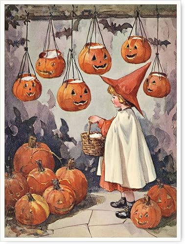 Arte de pared vintage de Halloween con Jack-o'-Lanterns, disfraz retro de bruja e ilustración de calabaza para decoración espeluznante de otoño o