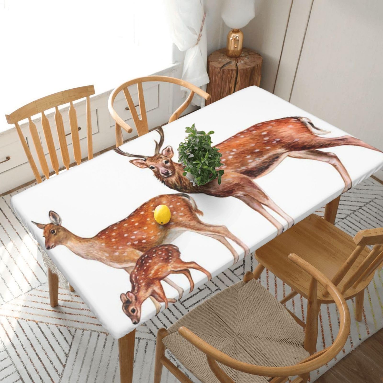 DCEHGEW Elastic Fitted Rectangle Tablecloth for 5ft Tables, Spotted Deer Printed Oilproof & Washable Fabric Picnic Table Cloth Table Covers