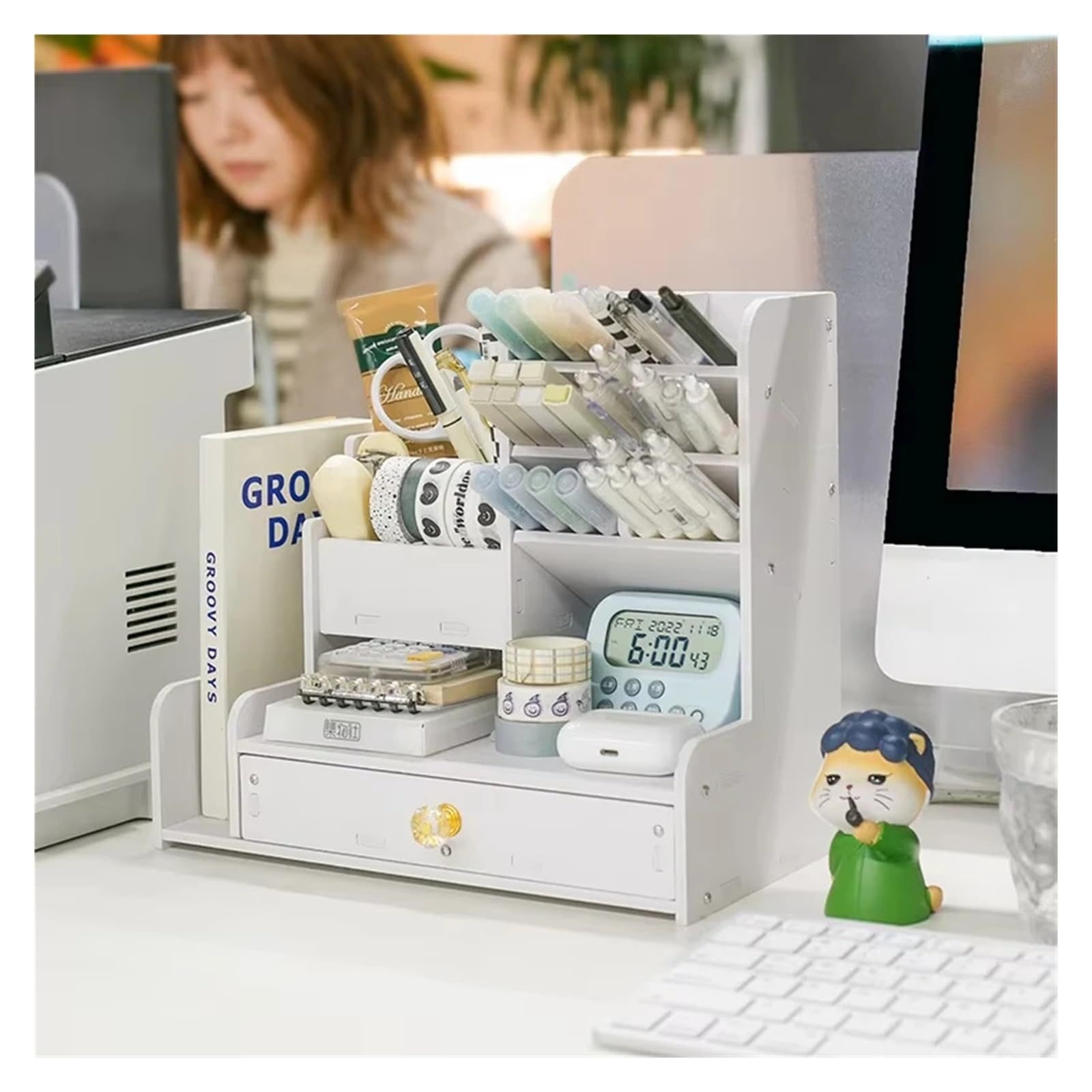 Stiftehalter Mark Pen Pencil Holder Wooden Desk Organizers Shelves Accessories Desktop Stationery Organizer Bookshelf Home Office Storage Box Für Schreibtische(White)