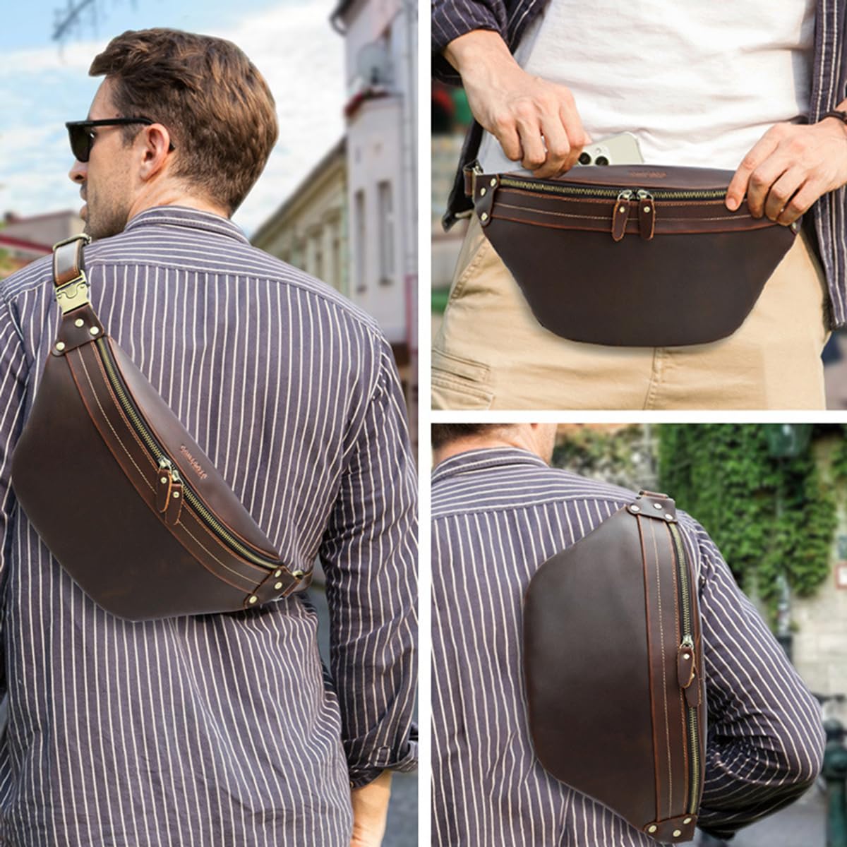 Skórzana saszetka biodrowa dla mężczyzn, wielofunkcyjna torba na ramię Crossbody, casualowa podróżna plecak Sling Bag z wieloma kieszeniami, do uprawiania sportu, jazdy na rowerze, kawowy