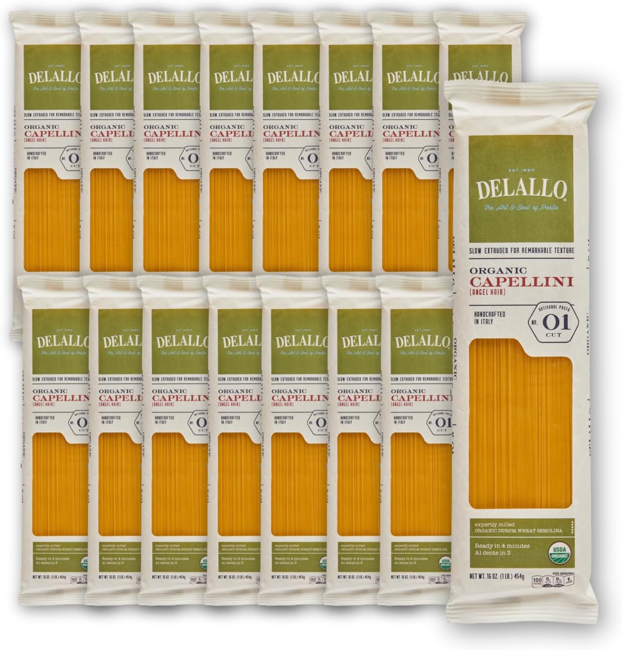 DeLallo Organic Capellini Pasta, Made with Only 100% Semolina Durum Wheat Flour, Bronze Cut, Made in Italy, Non-GMO, Kosher, Vegan, Preservative Free, 1 Pound Bag, (16 Pack)