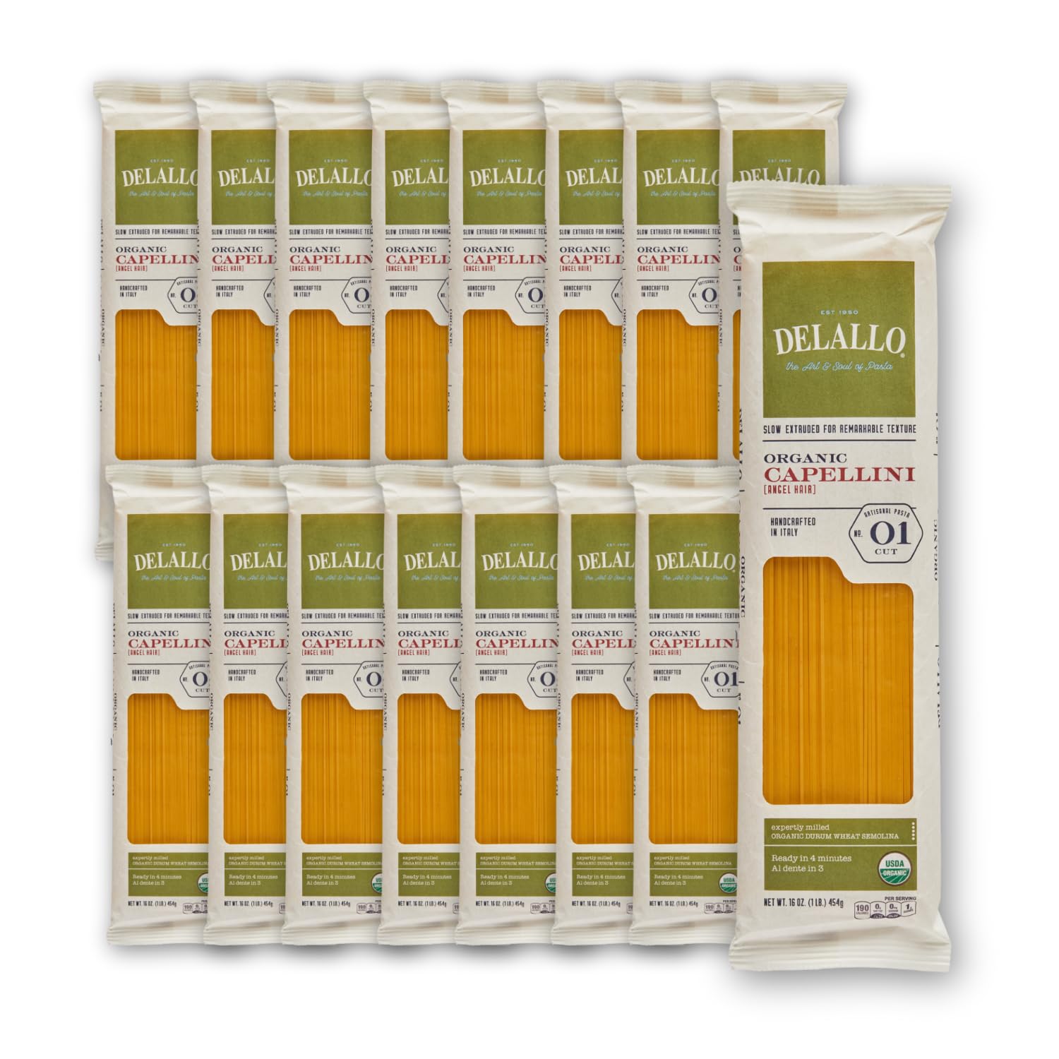 DeLallo Organic Capellini Pasta, Made with Only 100% Semolina Durum Wheat Flour, Bronze Cut, Made in Italy, Non-GMO, Kosher, Vegan, Preservative Free, 1 Pound Bag, (16 Pack)