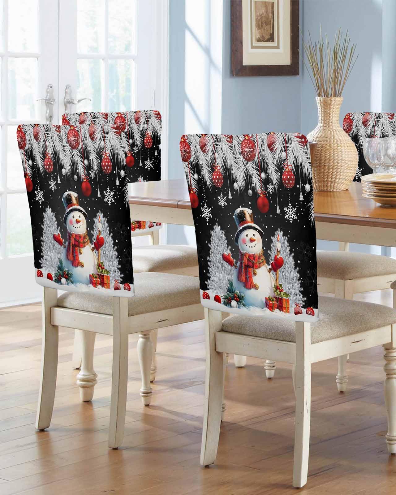 DecorLovee Black Snowman Christmas Chair Back Cover, Red Balls Dining Chair Protector Covers, Xmas Tree Snowflake Chair Covers Removable Chair