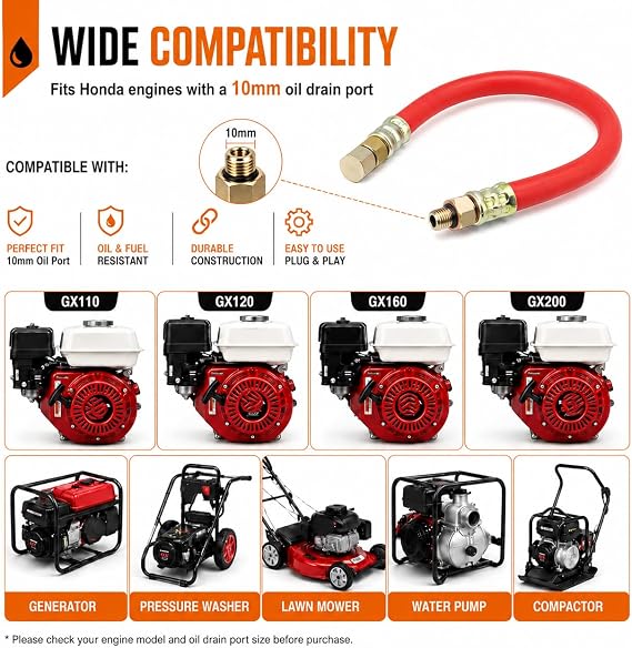 Oil Drain Hose HON1010 for Honda GX110 GX120 GX160 GX200 (2Pack) | Compatible with for Honda GX110, GX120, GX160, GX200 engines; M10x1.25mm black 10mm oil drain hose