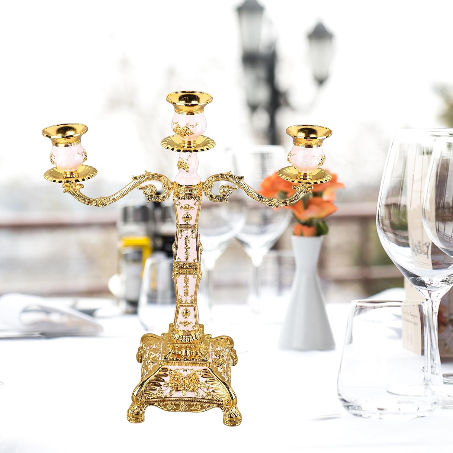 Alloy Candelabra Decoration, European Style Retro Candlestick, Metal Arms Candel Holder for Wedding Dinner Party (Gold and White Three Heads)
