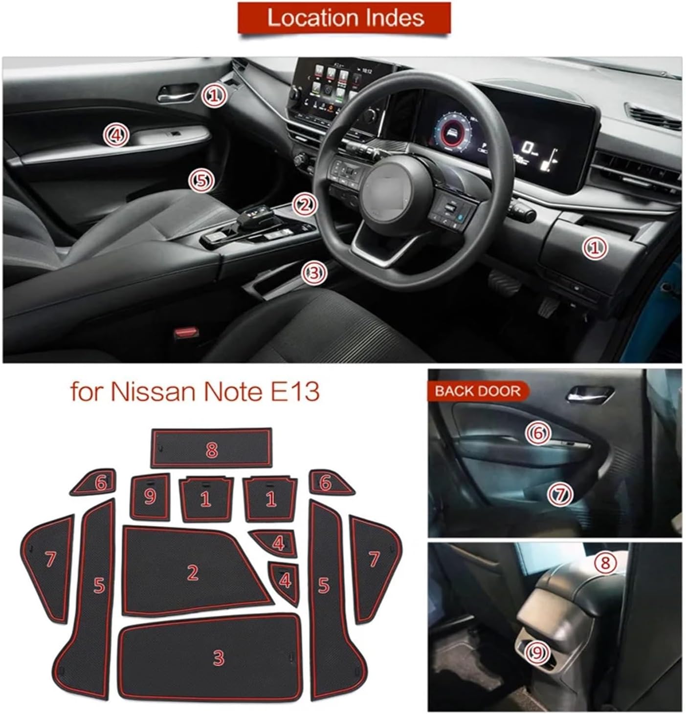 Non-Slip Rubber Mat Door Groove Cup Compatible with Nissan Note E13 2020 2021 2022 2023 Anti-Slip Cushion Gate Slot Car Interior Accessories(Red)
