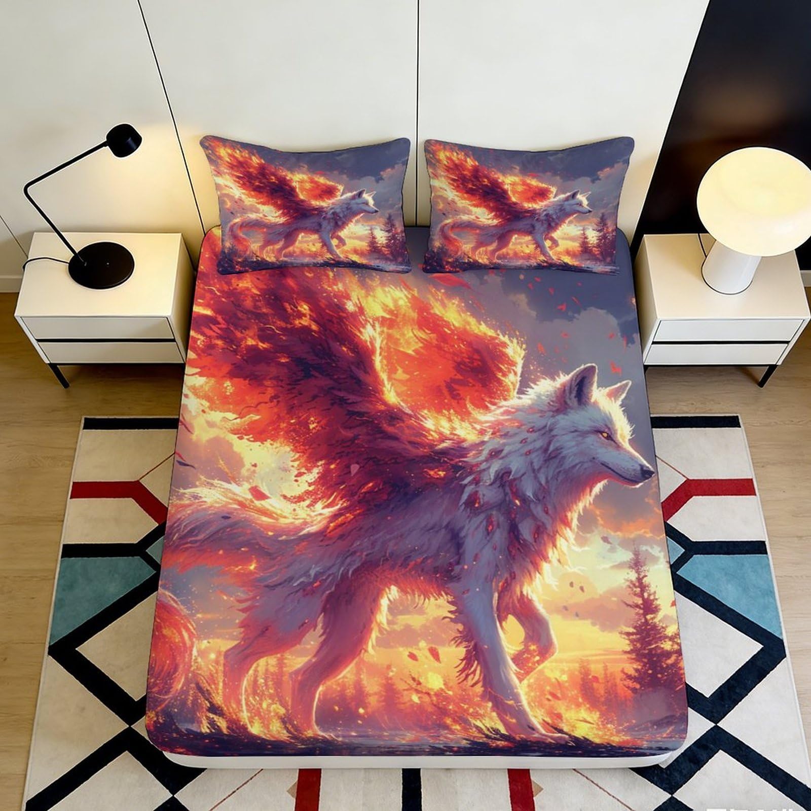 3D Printed Flaming Wolf Fitted Sheet Microfiber Soft Non-slip Mattress Cover for Bedroom Dorm Room Decor 180x200x25cm