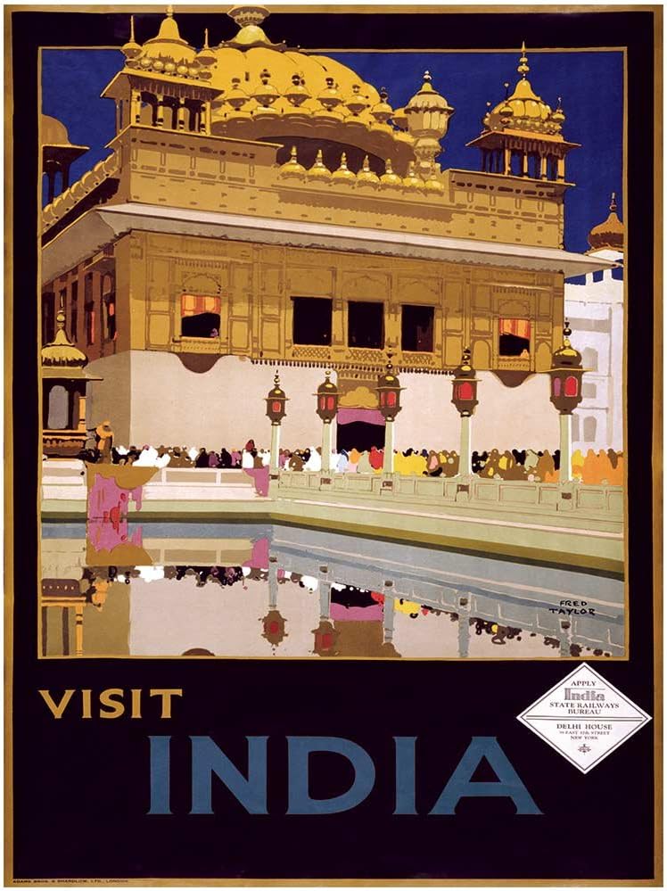 Set of Four (4) India Vintage Travel Prints Circa 1940 - Each Measures 24" high x 18" Wide (610mm high x 458mm Wide)