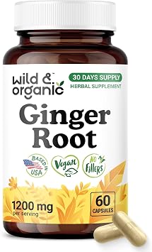 Wild & Organic Ginger Root Capsules 1200 mg - Immune & Digestive Support - Natural Ginger Supplements - Zingiber Officinale Powder - 30 Days of Supply - Vegan, No Fillers, Non-GMO - 60 Count