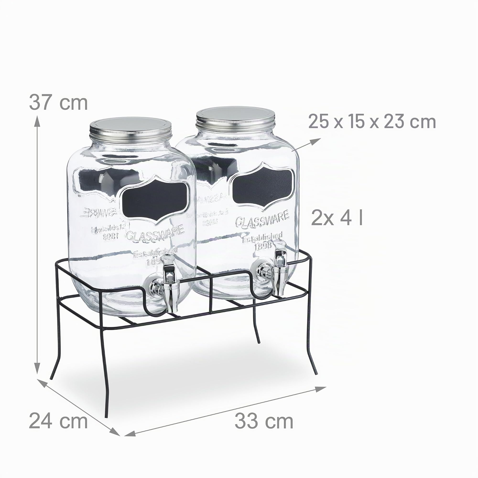 Relaxdays Set 2 Dispensadores Bebidas con Soporte, Recipiente Limonada 4L, Grifo y Tapa, Cristal, Surtidor, Transparente