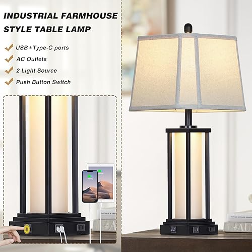 Miniatura 6 de 27" Tall Vintage Table Lamp Set of 2 with USB C+A & Outlet,Black Industrial End Table Lamp for Living Room,Farmhouse Rustic Bedside Lamps with Bell