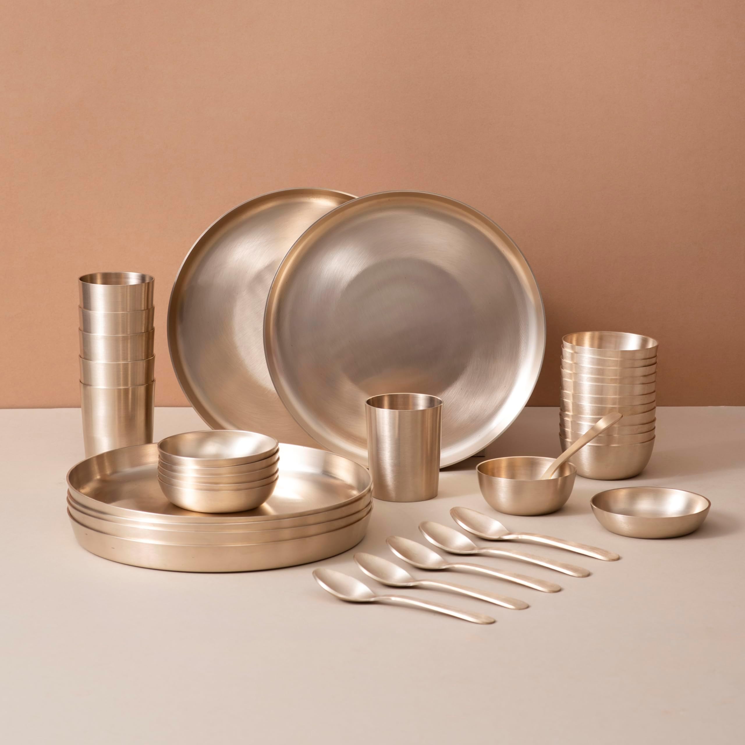 Veda Essentials 36-Piece Pure Kansa Dinner Set for 6 | 100% Lead-Free, Lab-Certified | Matte 10.5 inch Plates, Bowls, Glasses, Sweet Dish Plates & Spoons | Handcrafted Kansa for Dining & Gifting