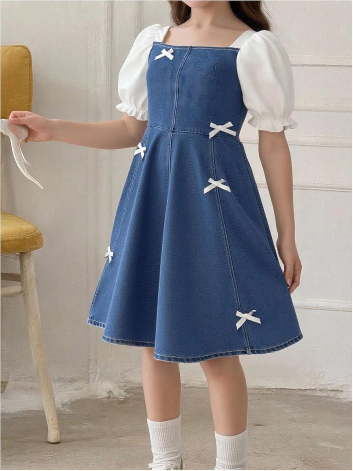 Verdusa Girl's Bowknot Denim Dress Puff Sleeve Short Birthday Dress Coquette Cute Outfits