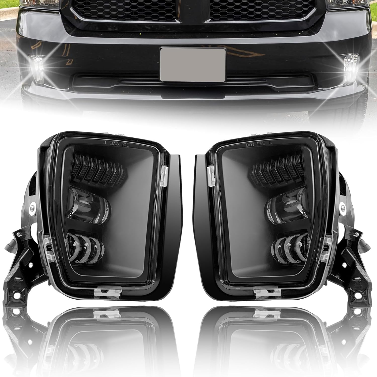 Boxlight New Version LED Fog Light fit for 2013 2014 2015 2016 2017 2018 Dodge Ram 1500 Pickup 2019 2020 2021 RAM 1500 Classic(Not Fit for Rebel Model) Fog Lamps With Black Trim