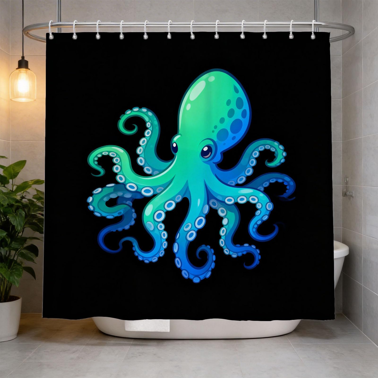 Hongduo 3D Cartoon Octopus Shower Curtain for Stalls Bathtubs Blue Green Gradient Bathroom Decor Shower Curtain Set Polyester Fabric Waterproof 180x200cm/71X79 Inch with Hooks